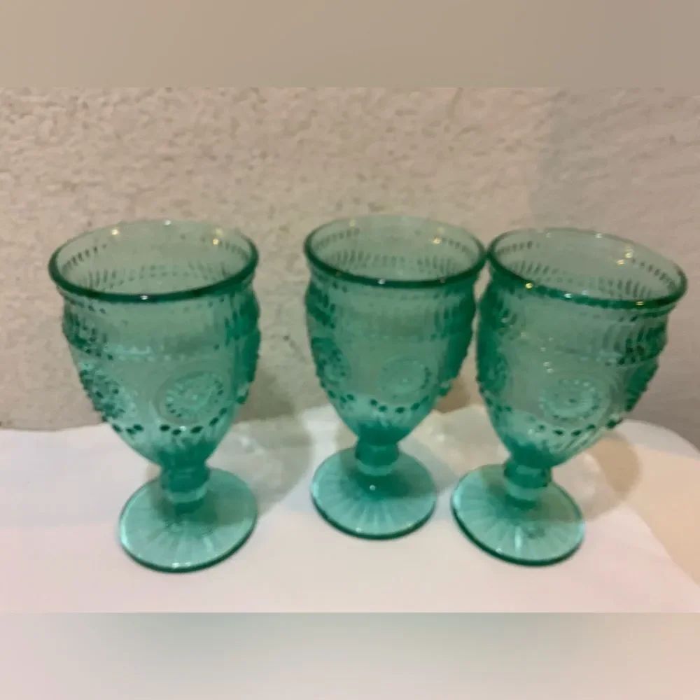 Vintage Pioneer Woman Adeline Glasses Goblets Qty 3 Blue Green Aqua Turquoise